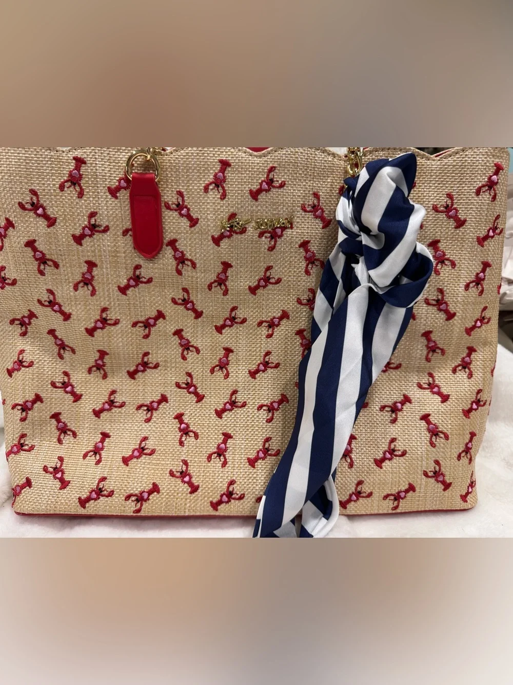 NWOT- Betsey Red Embroidered Tote with Navy-White Scarf